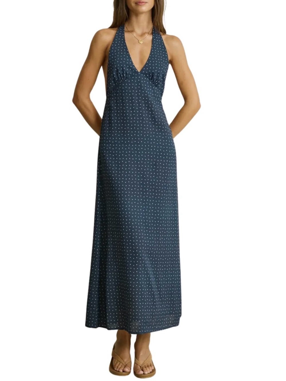 Rhythm Navy Blue Polka Dot Halter Maxi Dress Size L